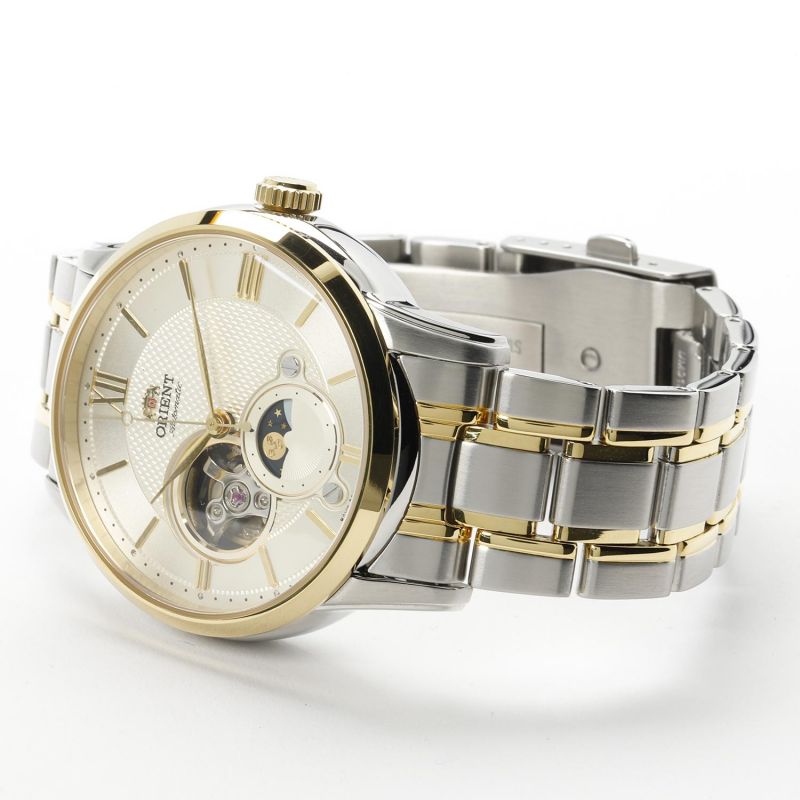 klasyczny męski Zegarek Orient Sun &amp; Moon Automatic RA-AS0007S10B Open Heart na bransolecie