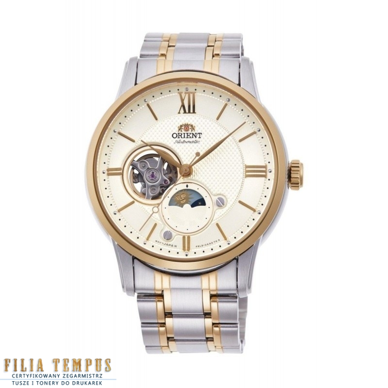 klasyczny męski Zegarek Orient Sun &amp; Moon Automatic RA-AS0007S10B Open Heart na bransolecie