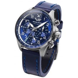 Duży sportowy męski Zegarek Vostok Europe Space Race Blue Chrono 6S20-325A742 na pasku skórzanym