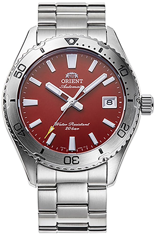 Czerwony zegarek Orient Mako 40 RA-AC0Q09R30B na stalowej bransolecie – diver unisex