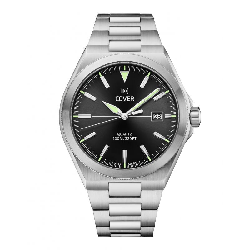Srebrny zegarek męski z czarną tarczą i świecącymi wskazówkami Cover Iconosteel CO213.01 41mm Srebrny zegarek męski z czarną tarczą i świecącymi wskazówkami Cover Iconosteel CO213.01 41mm