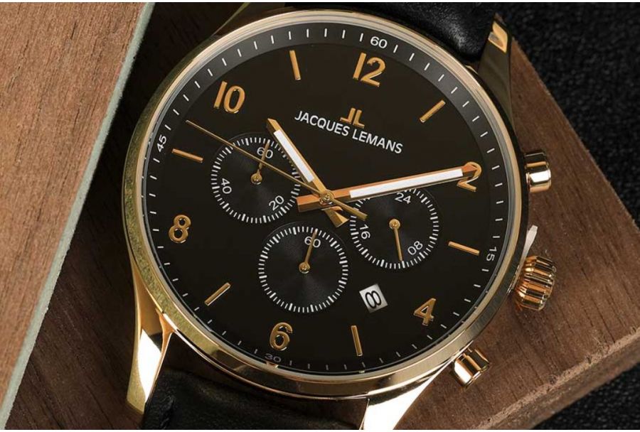 Pozłacany zegarek męski z chronografem w przystępnej cenie Jacques Lemans London 1-2126D Chronograph