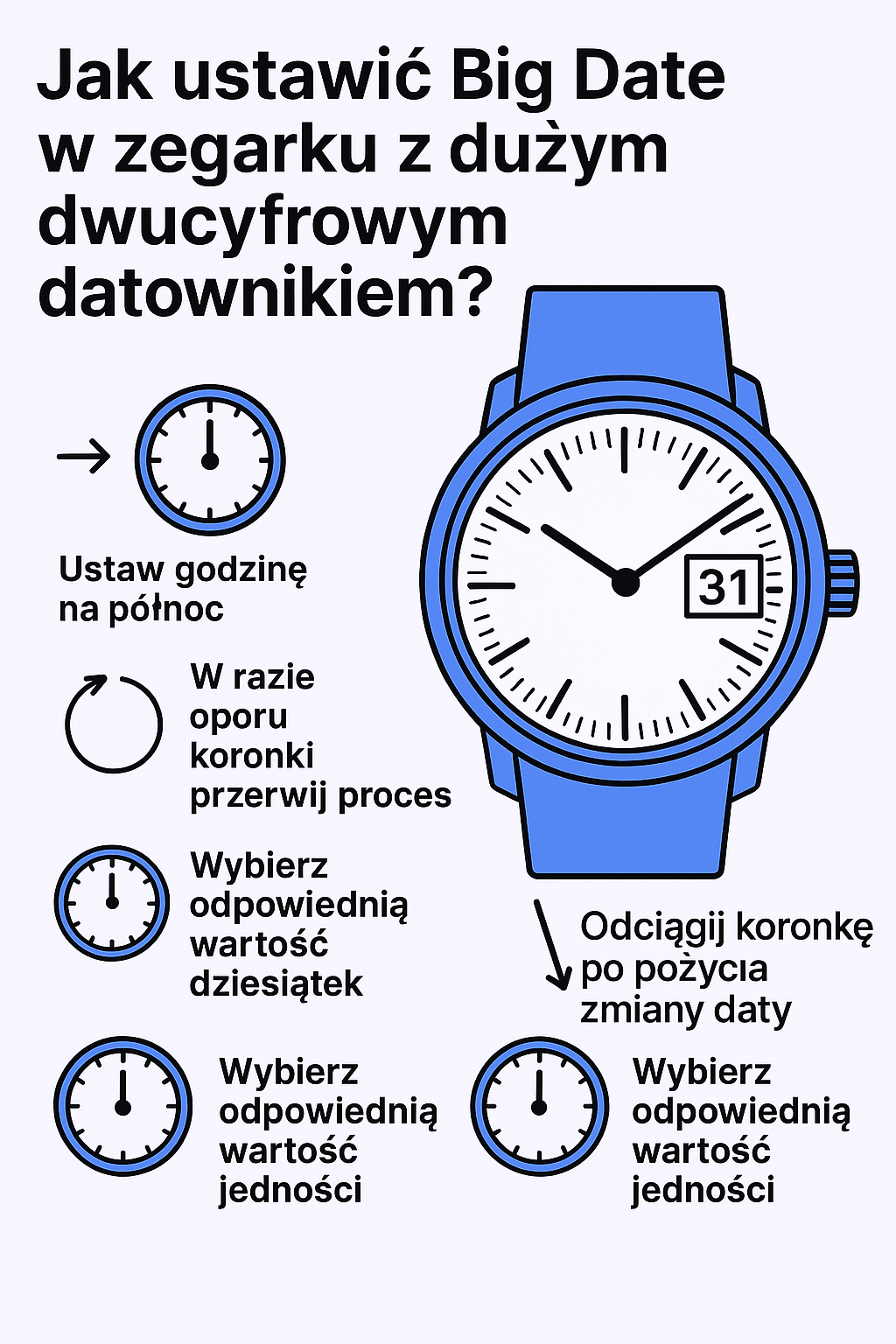 Jak ustawić Big Date w zegarku z dużym dwucyfrowym datownikiem - Kreskówkowa ilustracja
