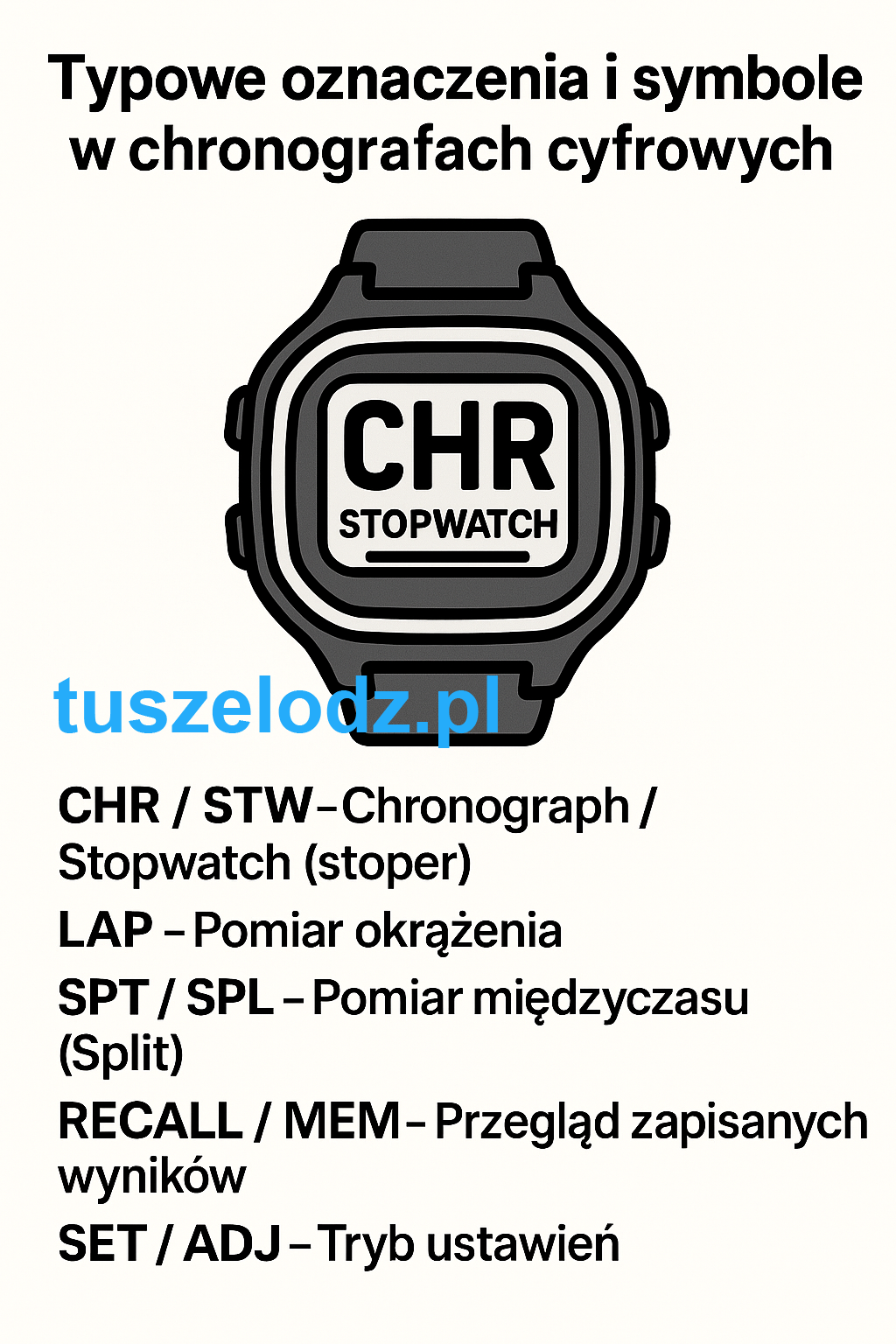 Instruktażowy obrazek o tym jak włączyć, ustawić i używać chronograf w zegarku elektronicznym